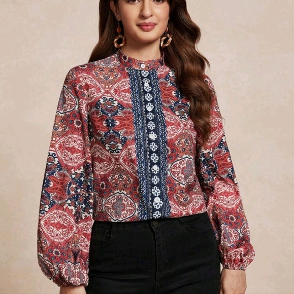 Women Multi-Color Patchwork Casual Shirt, Minimalist Chic For Everyday - Picture 5 of 5